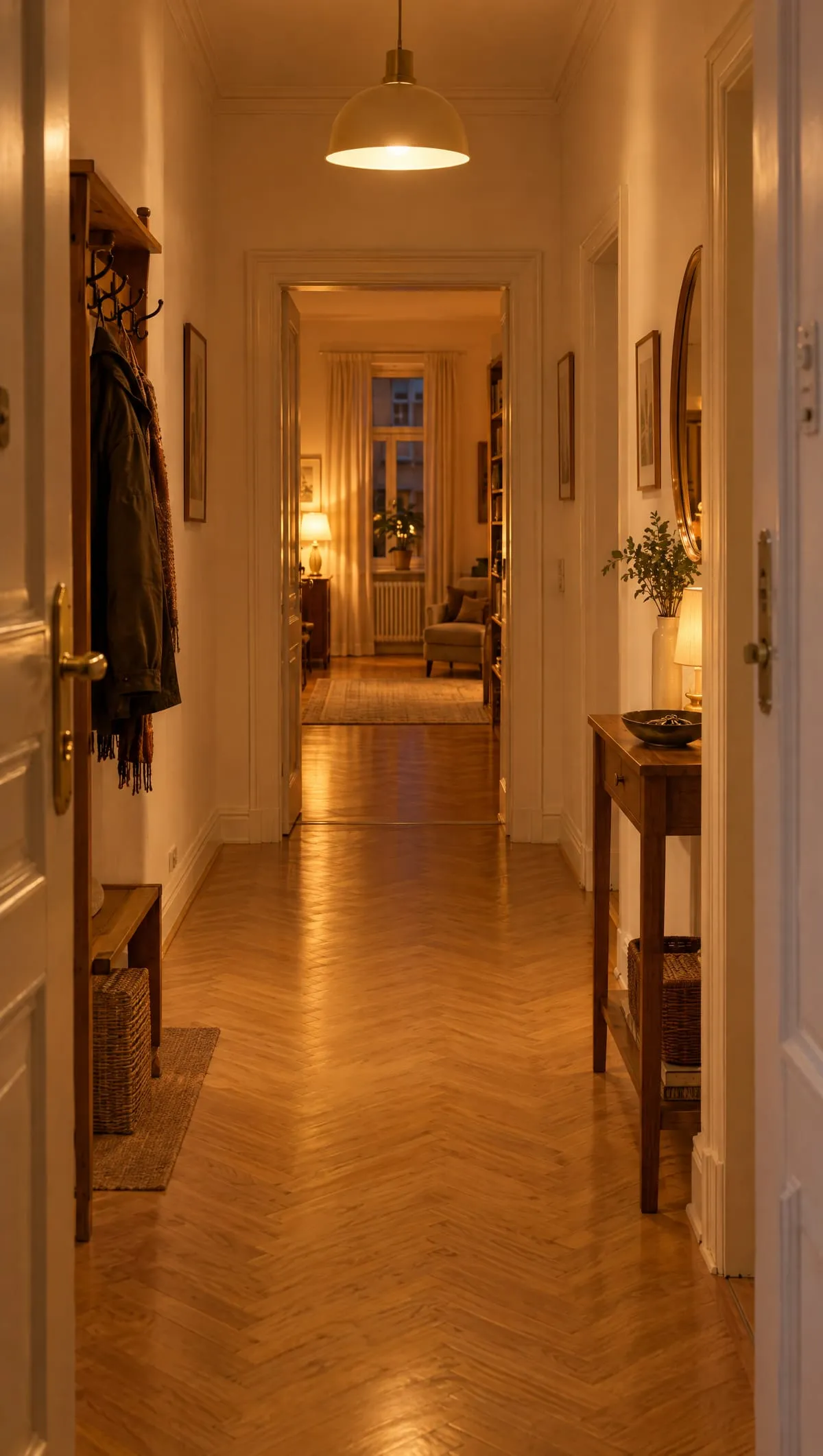 Warm beleuchteter Vorraum einer Wiener Wohnung hinter der geöffneten Tür.